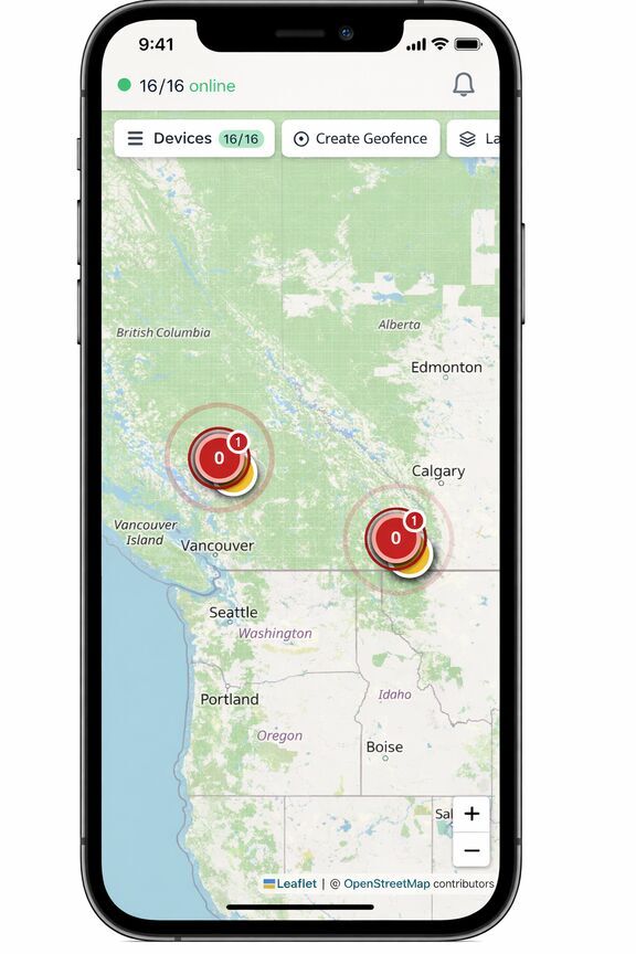 VitaRanch mobile app on iPhone showing live cattle tracking map with geofence alerts