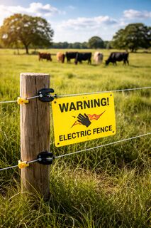 Electric fence with warning sign in cattle pasture