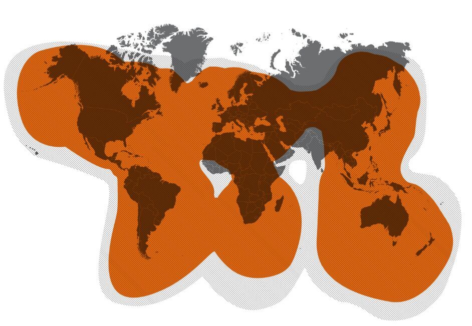 Global satellite coverage map showing GPS ear tag tracking availability across all continents